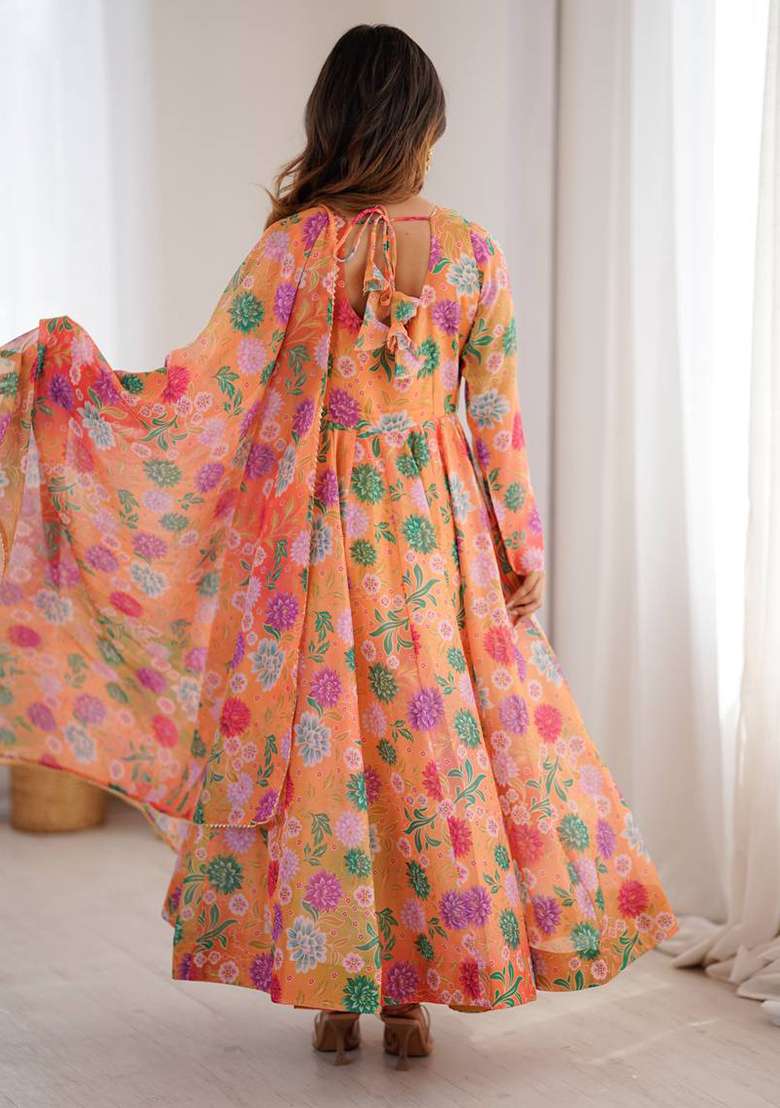 Multicolor Floral Print Organza Anarkali Set - Indya