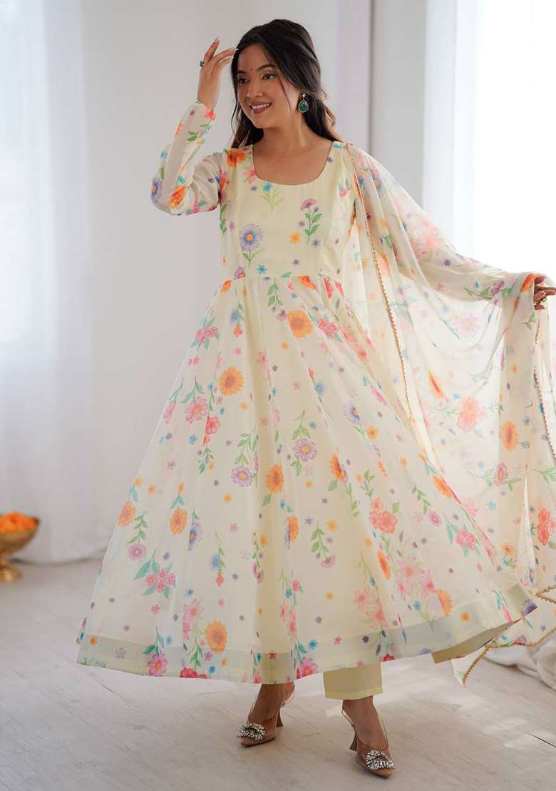 Multicolor Floral Print Organza Anarkali Set - Indya