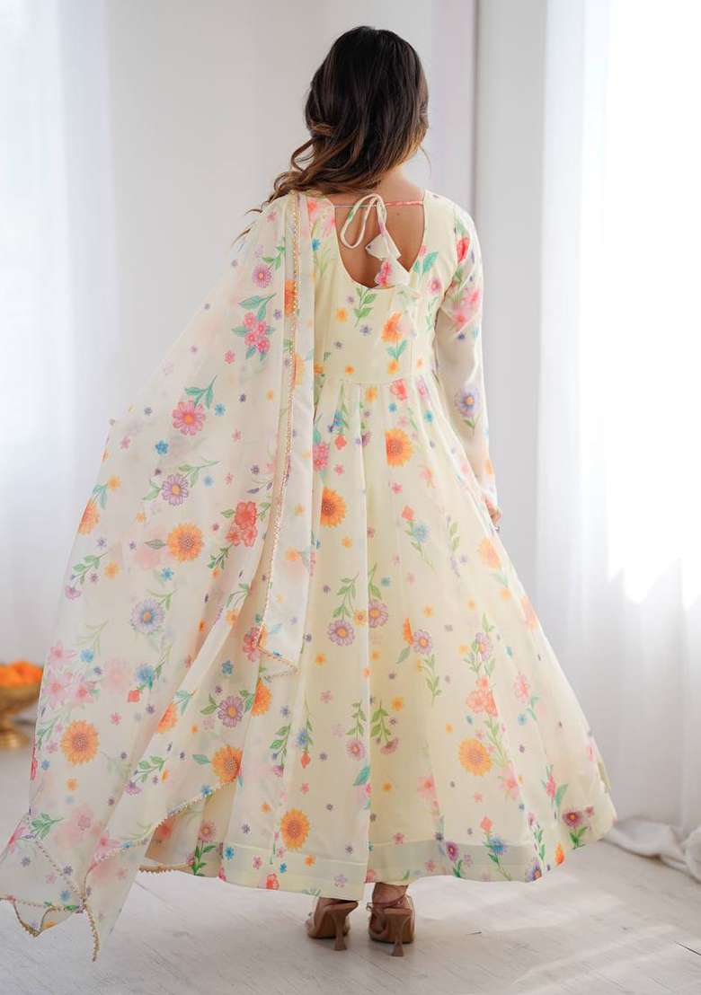 Multicolor Floral Print Organza Anarkali Set - Indya