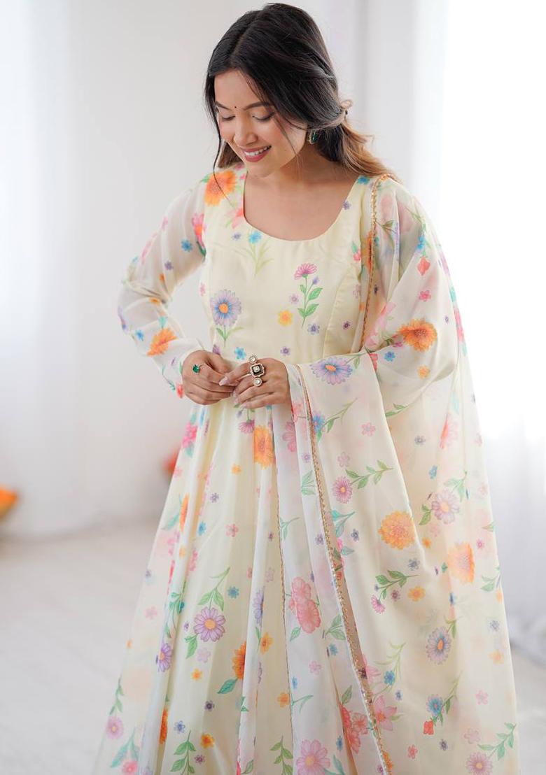 Multicolor Printed Organza Kurta Set - Indya