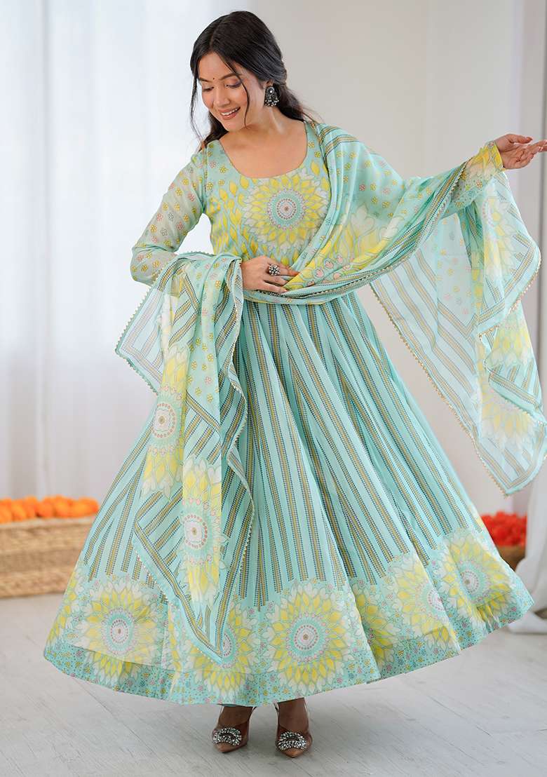 Multicolor Printed Organza Anarkali Set - Indya
