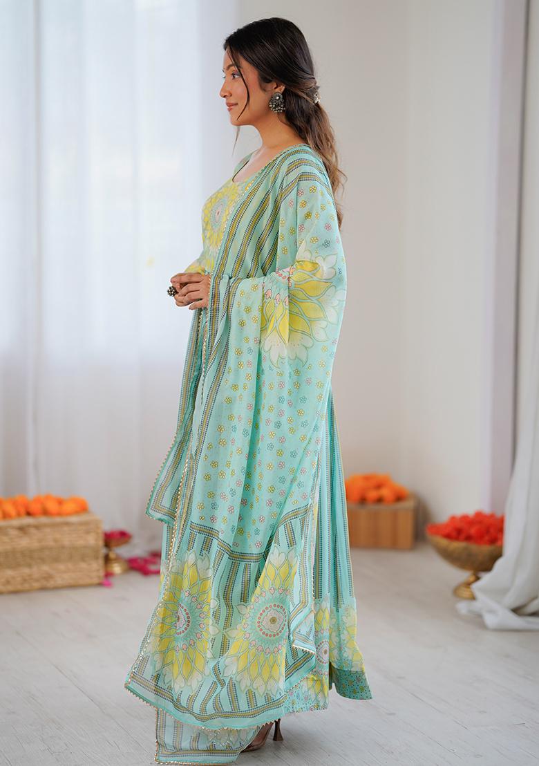 Multicolor Printed Organza Kurta Set - Indya