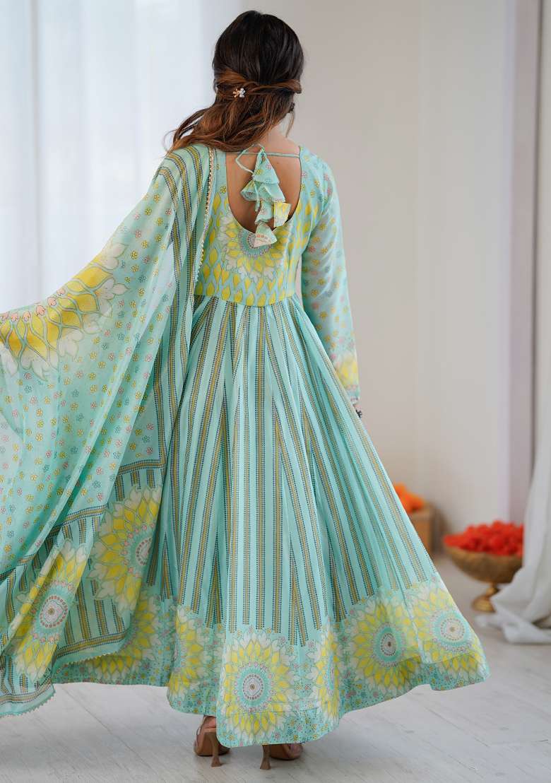 Multicolor Printed Organza Anarkali Set - Indya