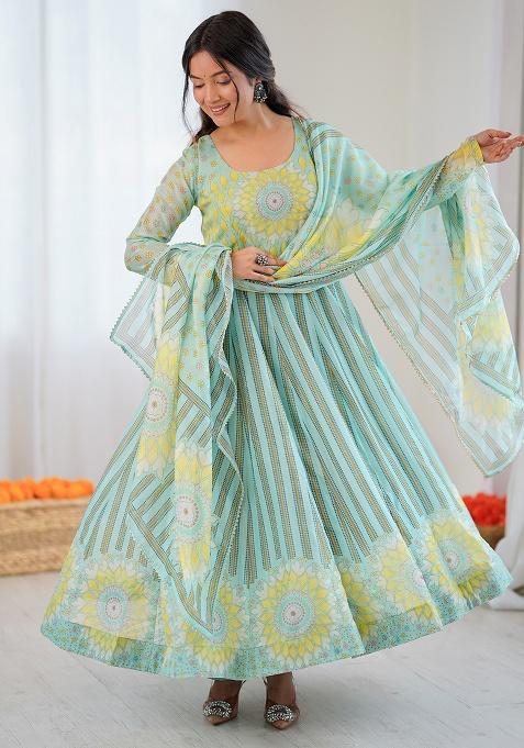 Multicolor Printed Organza Kurta Set