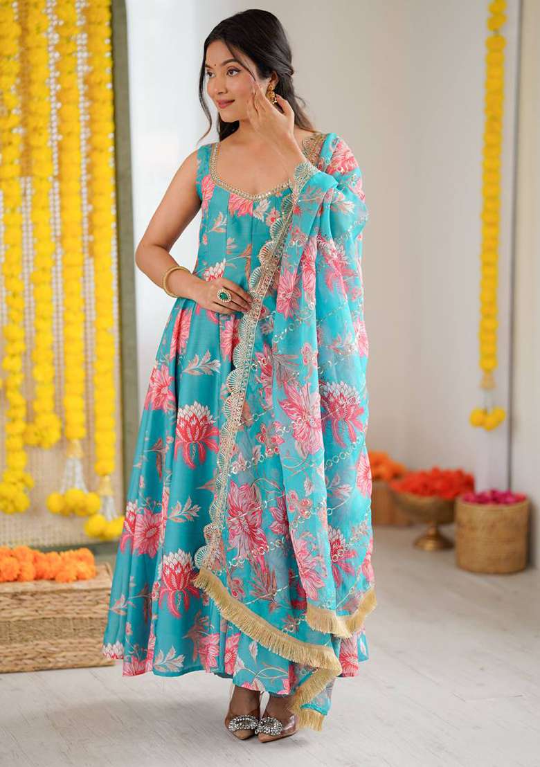 Multicolor Floral Print Silk Blend Anarkali Set - Indya