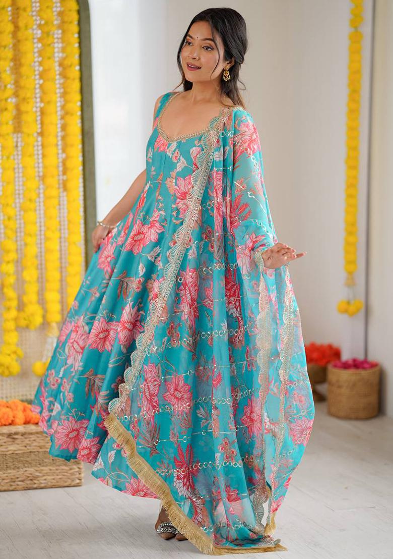 Multicolor Printed Silk Kurta Set - Indya