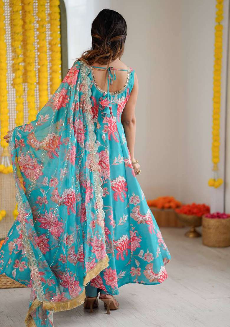 Multicolor Floral Print Silk Blend Anarkali Set - Indya