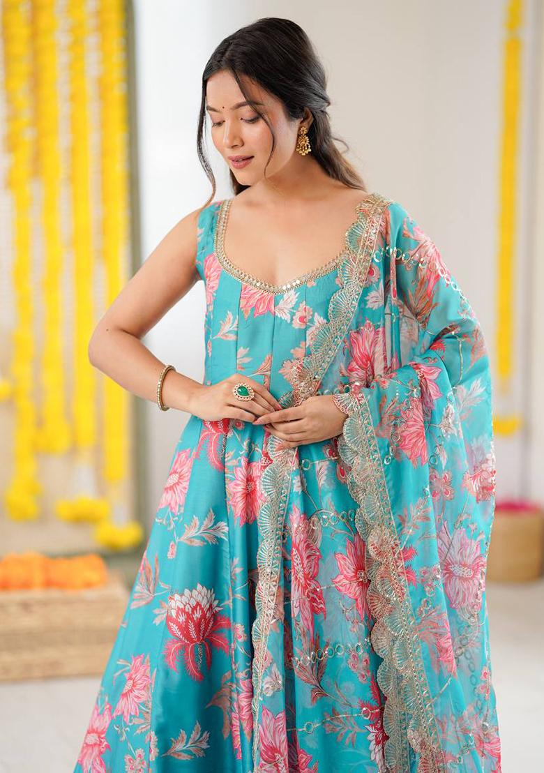 Multicolor Printed Silk Kurta Set - Indya