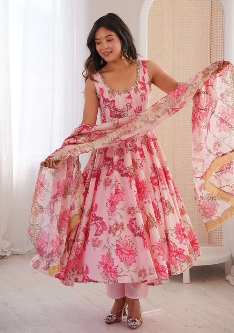 Multicolor Floral Print Silk Blend Anarkali Set - Indya