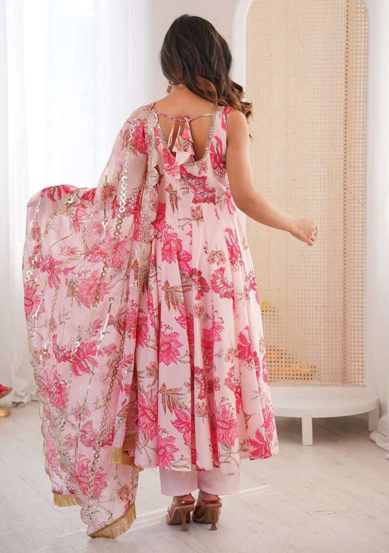 Multicolor Floral Print Silk Blend Anarkali Set - Indya