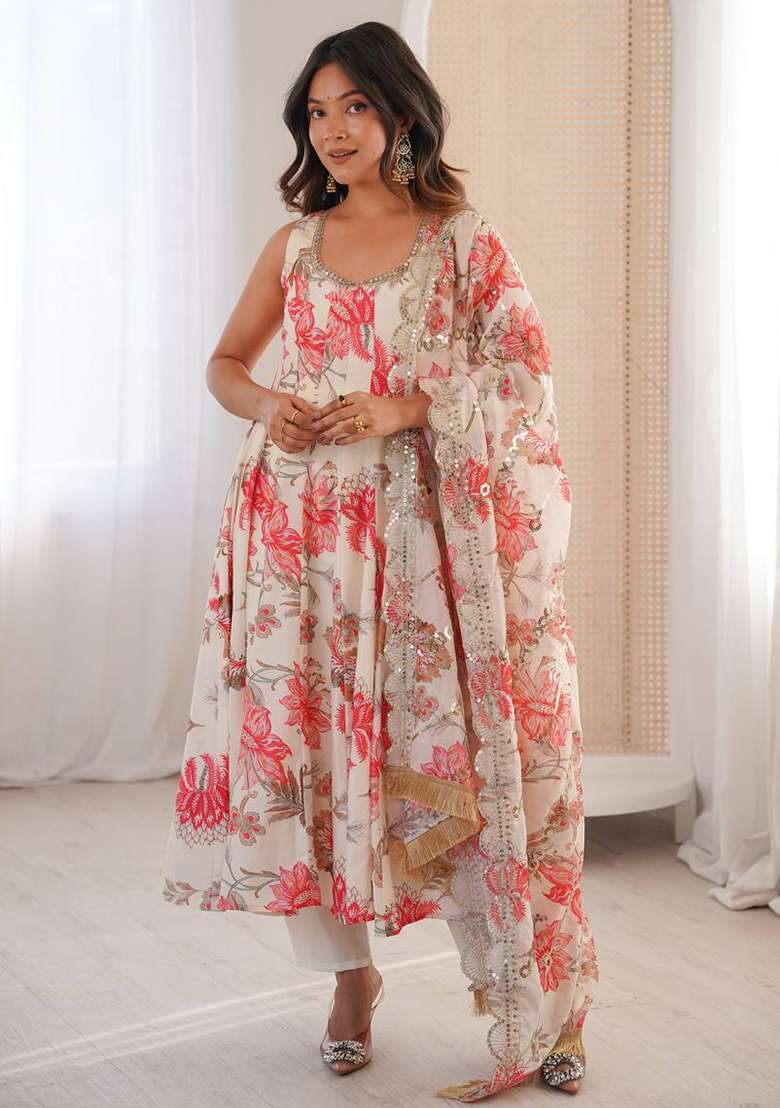 Multicolor Floral Print Silk Blend Anarkali Set - Indya