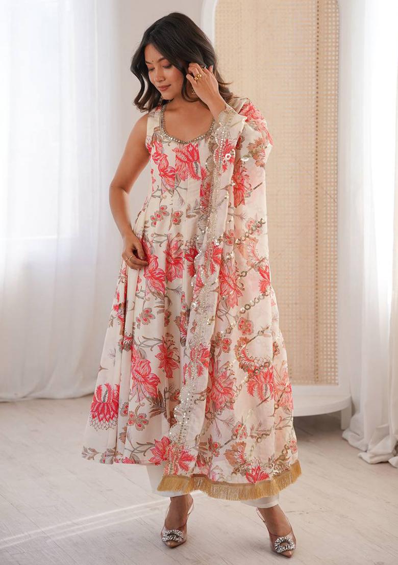 Multicolor Printed Silk Kurta Set - Indya