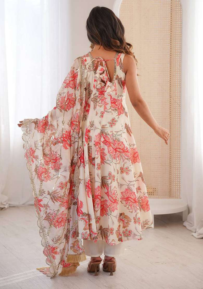 Multicolor Floral Print Silk Blend Anarkali Set - Indya