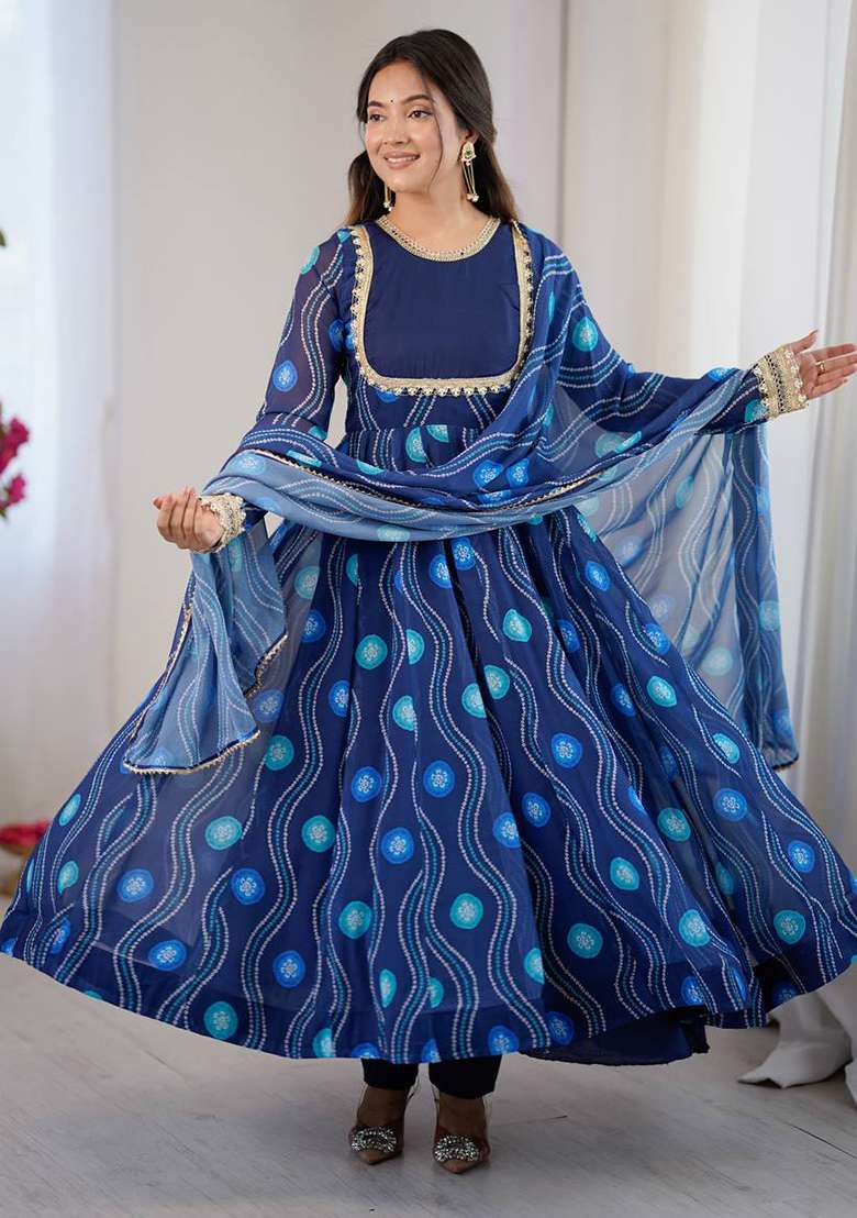 Blue Bandhani Georgette Anarkali Set - Indya