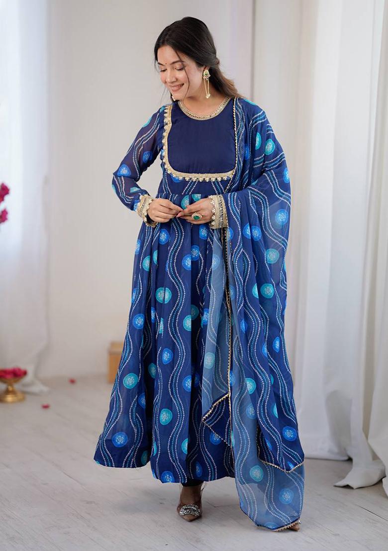 Blue Printed Georgette Kurta Set - Indya