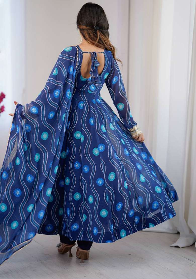 Blue Bandhani Georgette Anarkali Set - Indya