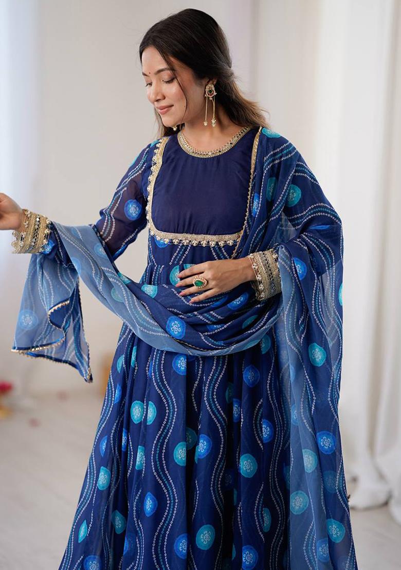 Blue Printed Georgette Kurta Set - Indya