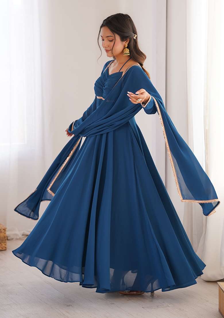 Blue Solid Georgette Anarkali Set - Indya