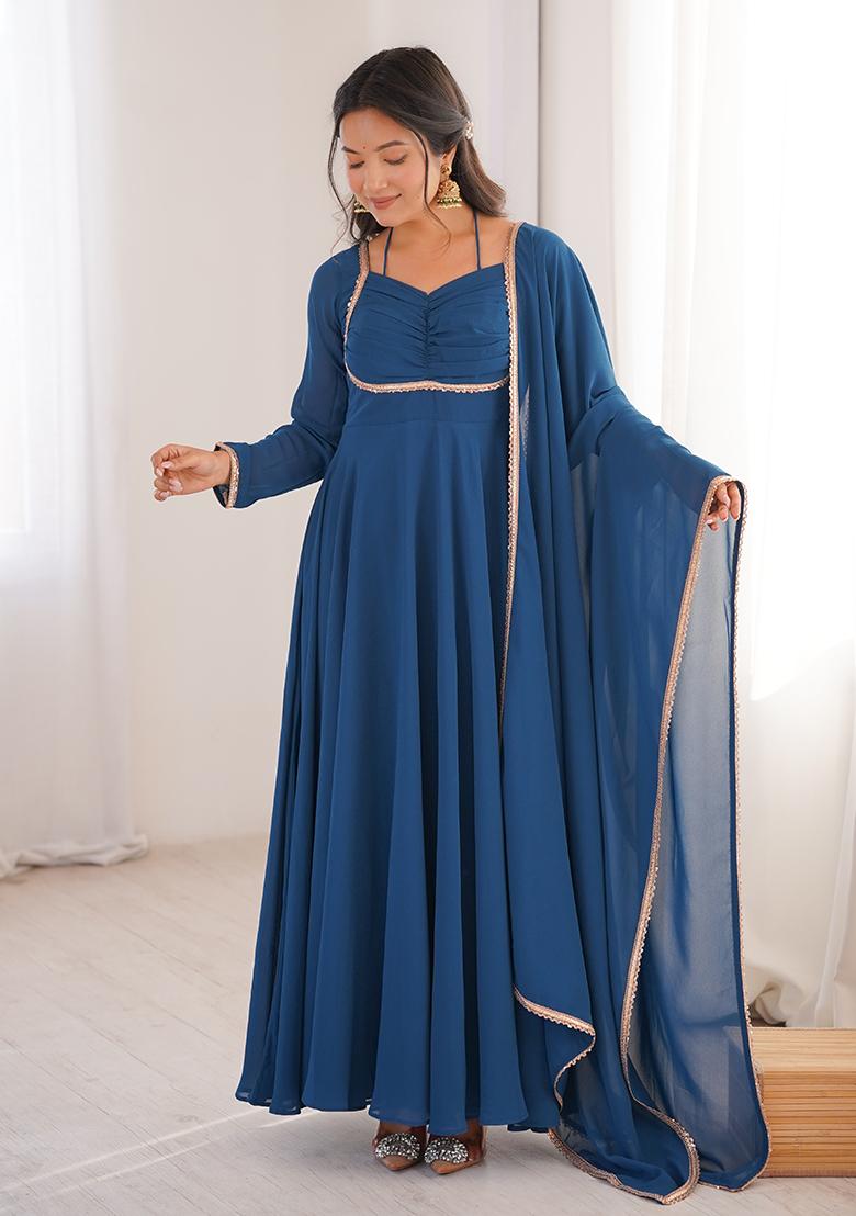 Blue Lace Work Georgette Kurta Set - Indya