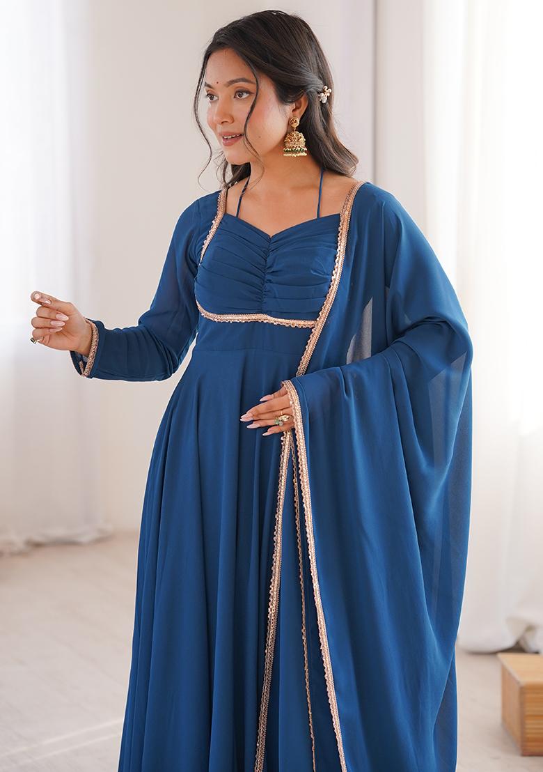 Blue Lace Work Georgette Kurta Set - Indya