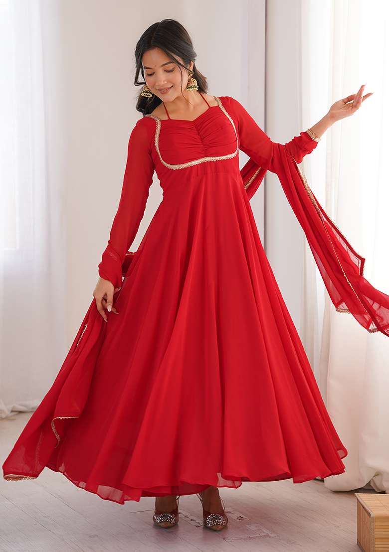 Red Solid Georgette Anarkali Set - Indya