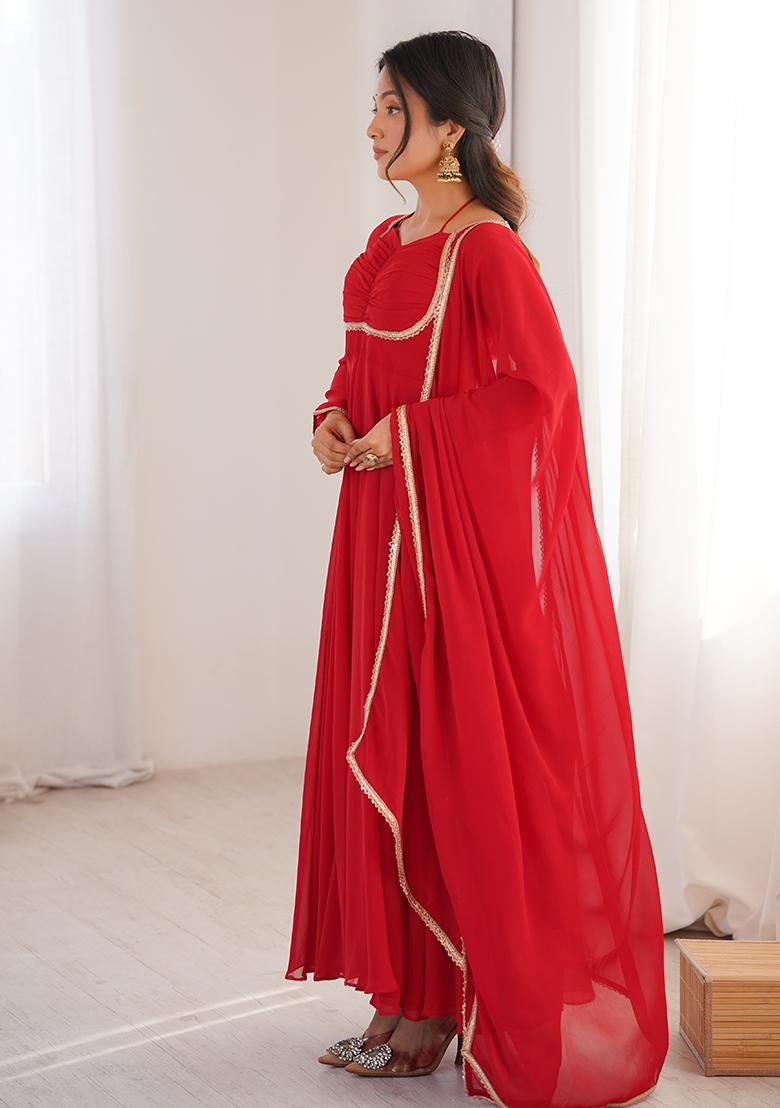 Red Lace Work Georgette Kurta Set - Indya