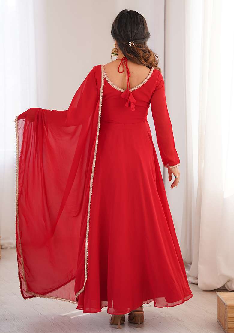 Red Solid Georgette Anarkali Set - Indya