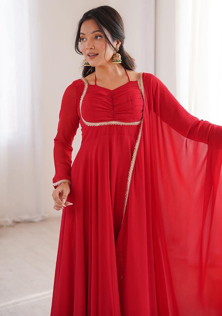 Red Lace Work Georgette Kurta Set - Indya