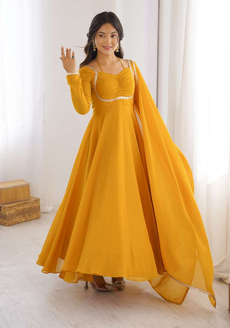 Yellow Solid Georgette Anarkali Set - Indya