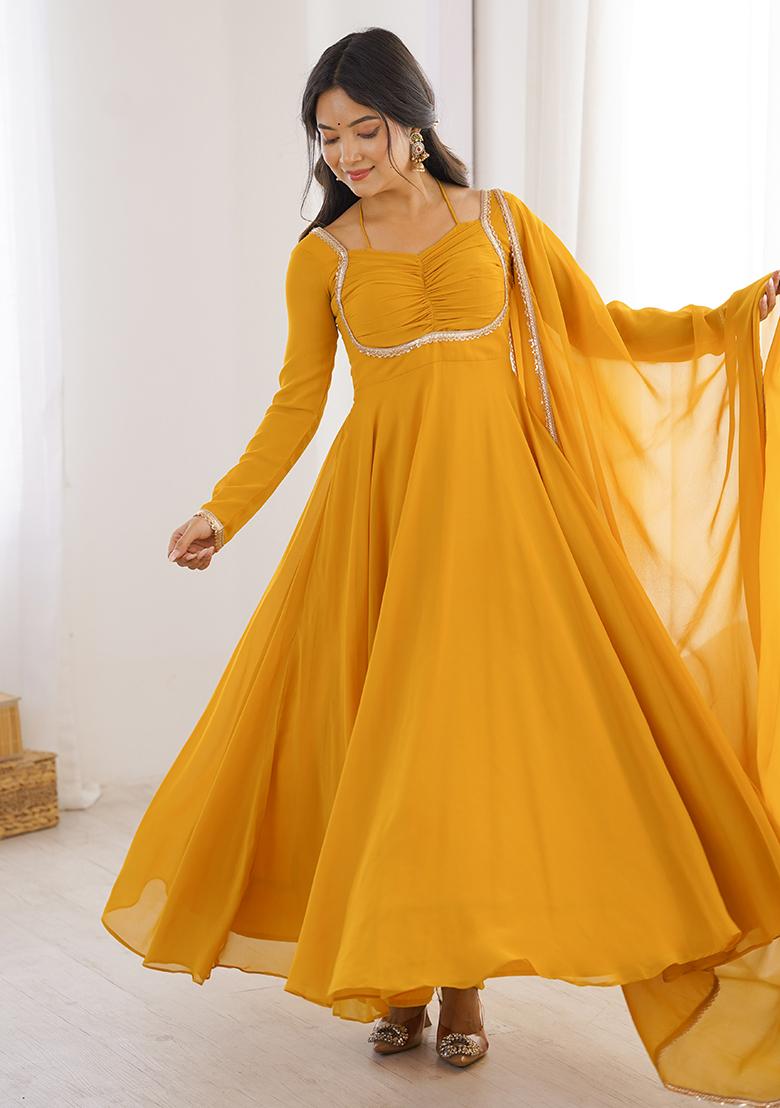 Yellow Lace Work Georgette Kurta Set - Indya
