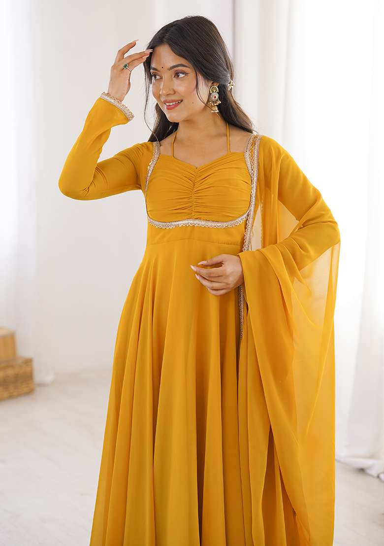 Yellow Solid Georgette Anarkali Set - Indya