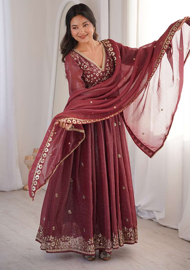 Brown Embroidered Silk Blend Anarkali Set - Indya