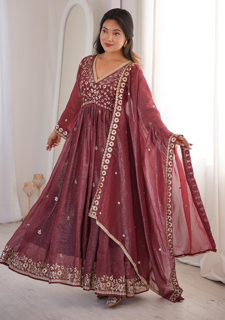 Brown Embroidery Silk Kurta Set - Indya