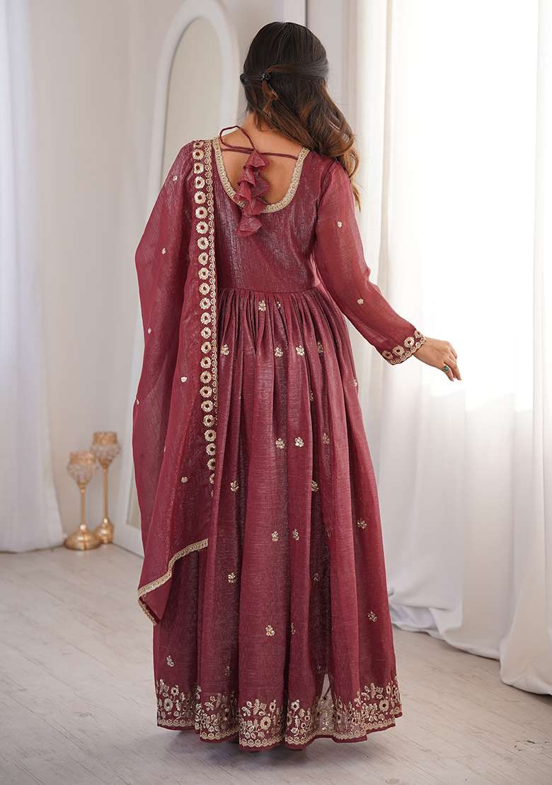 Brown Embroidered Silk Blend Anarkali Set - Indya