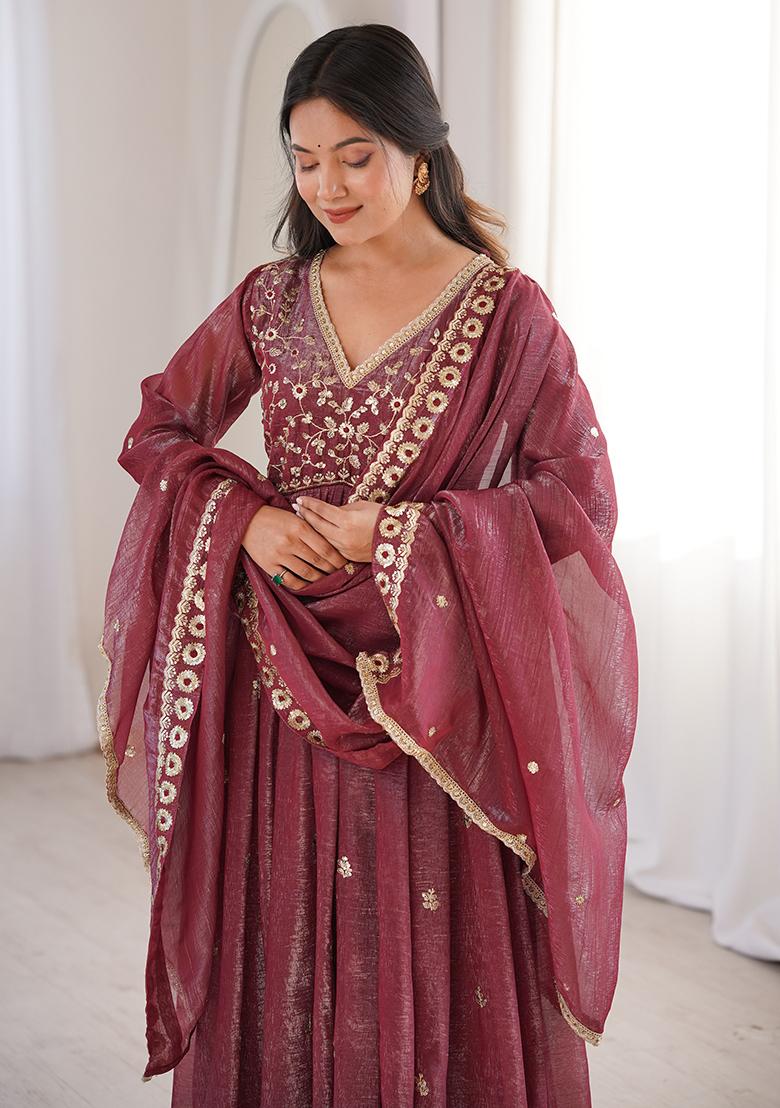 Brown Embroidery Silk Kurta Set - Indya