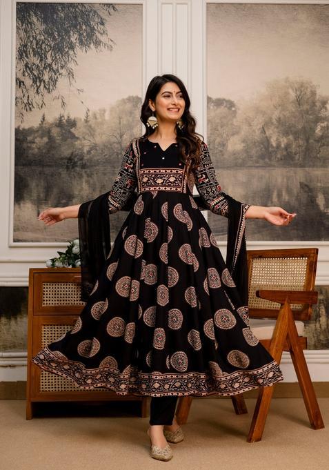 Black Printed Rayon Anarkali Set