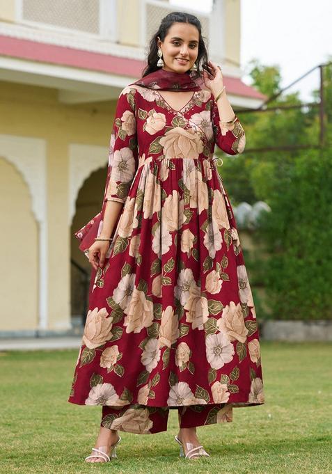 Maroon Floral Print Rayon Anarkali Set