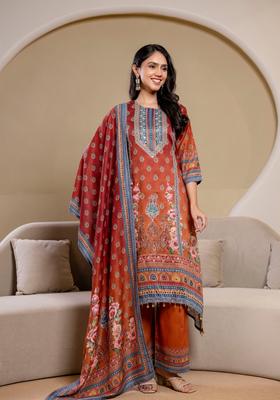 Orange Printed Silk Pakistani Suit Set
