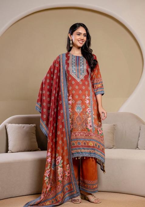 Orange Printed Silk Pakistani Suit Set