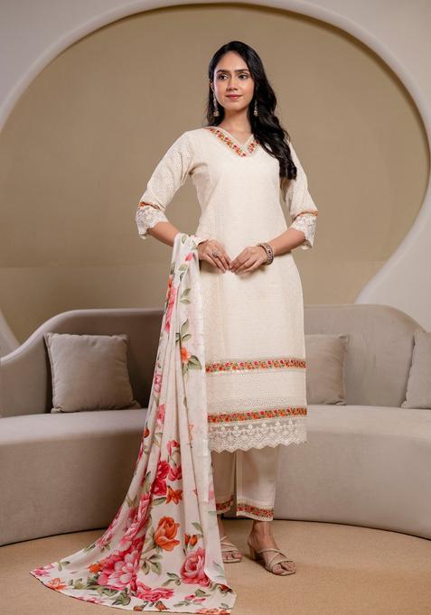 Cream Embroidered Cotton Straight Kurta Set