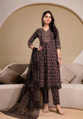 Black Printed Cotton A Line Kurta Set