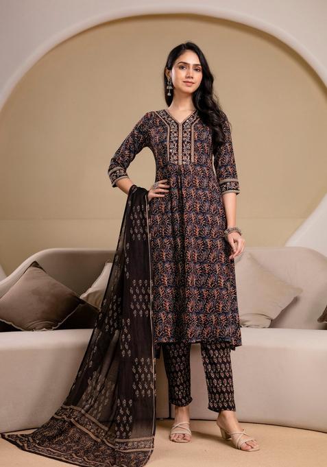 Black Printed Cotton A Line Kurta Set