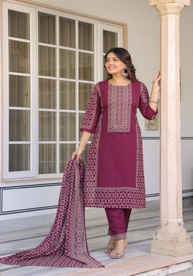 Wine Printed Cotton Kurta Suit Set