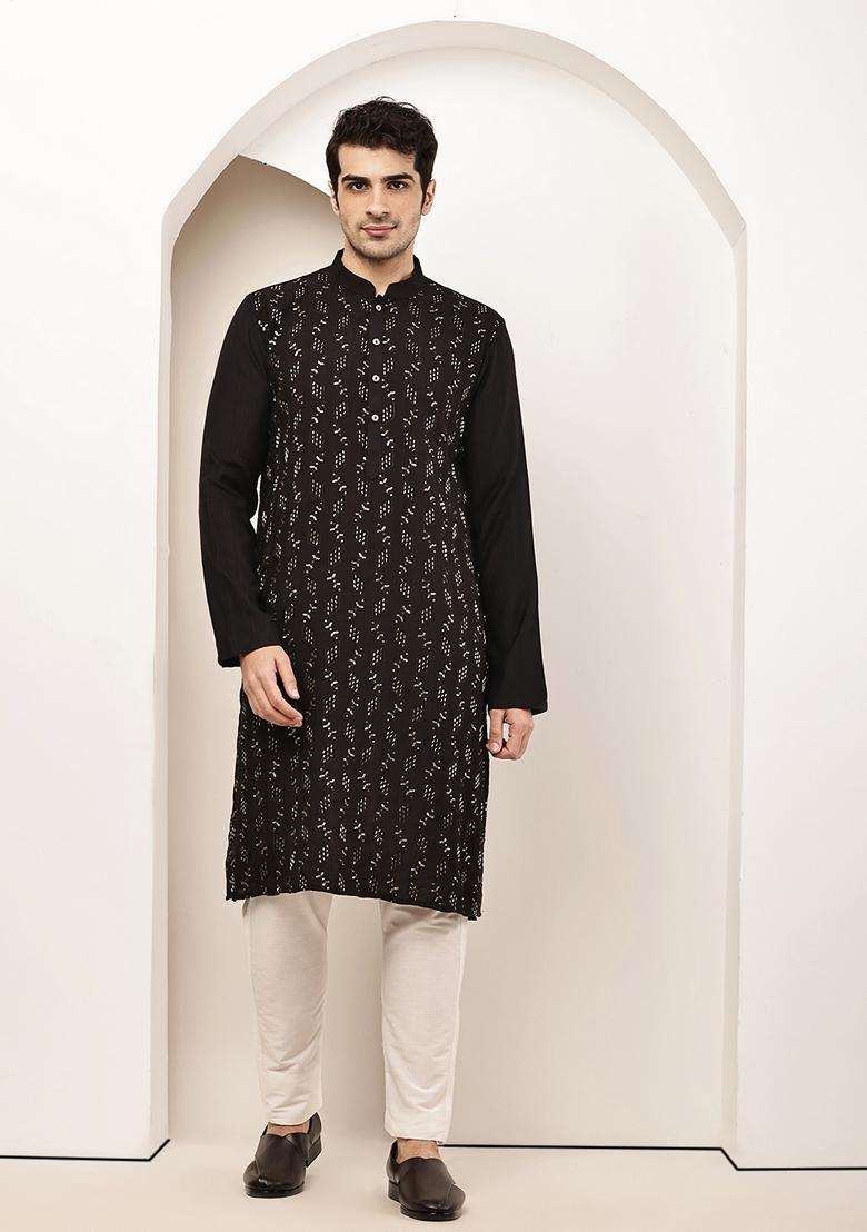 Black Embroidered Viscose Kurta - Indya