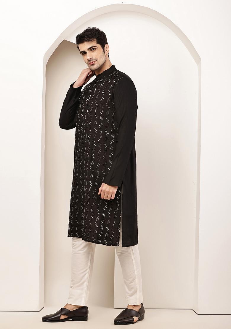 Black Embroidery Viscose Kurta Set - Indya