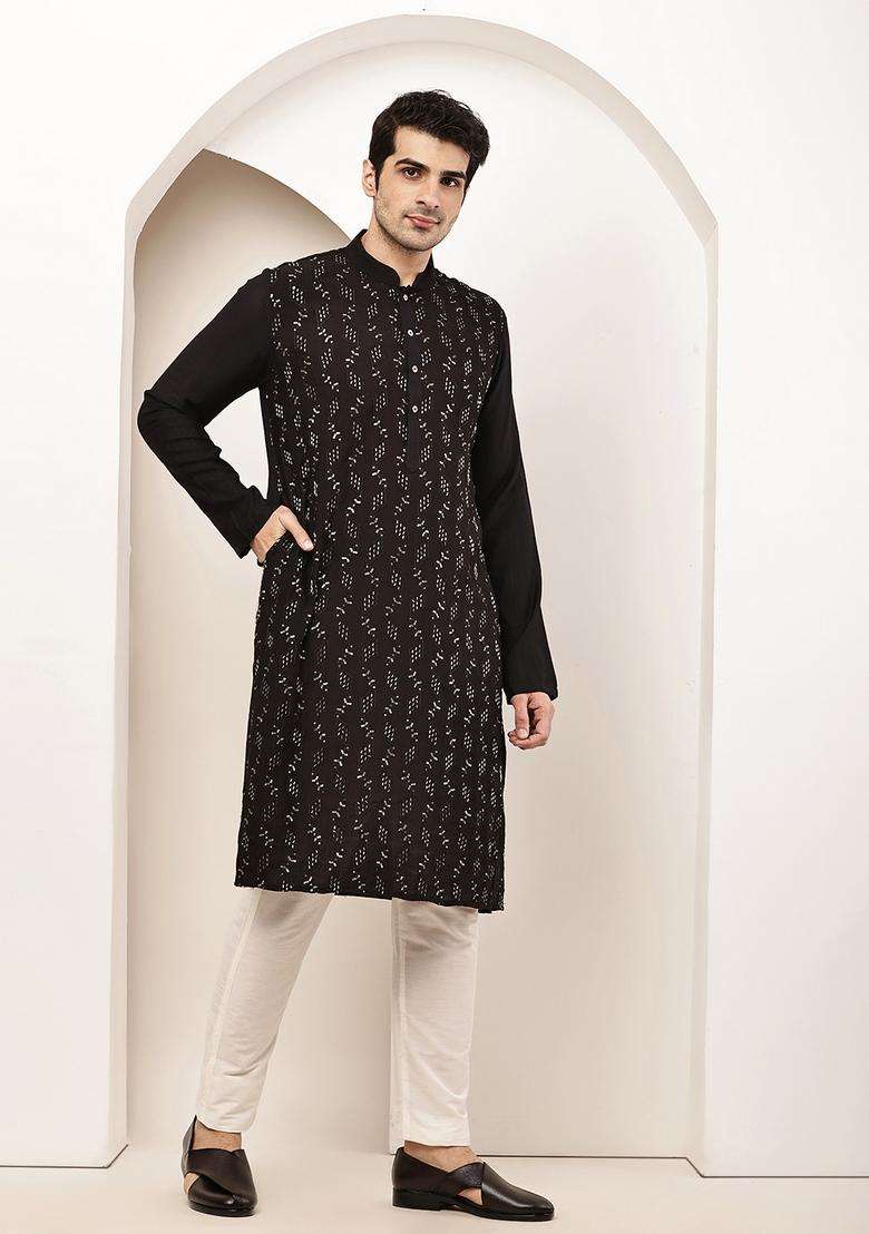 Black Embroidered Viscose Kurta - Indya