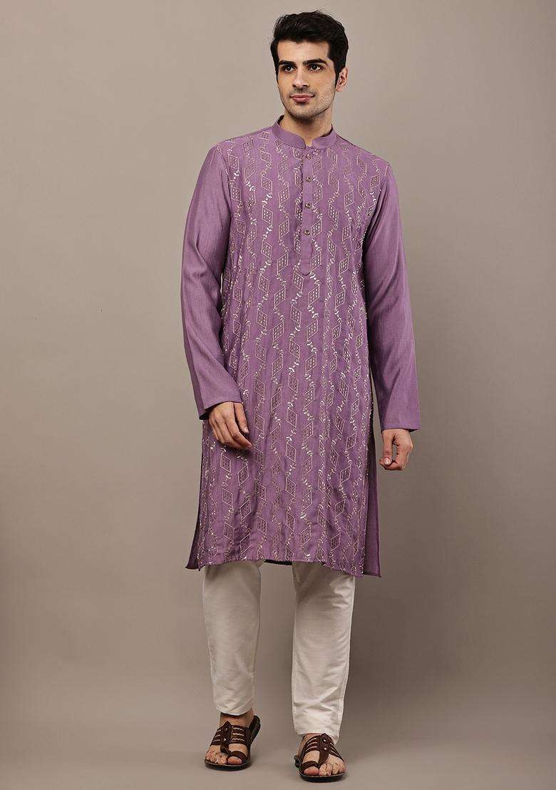 Lavender Embroidered Viscose Kurta - Indya