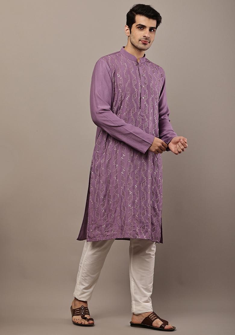Lavender Embroidery Viscose Kurta Set - Indya