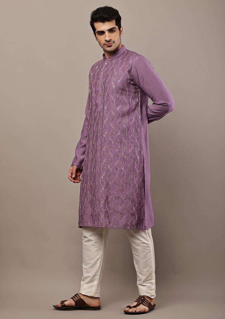 Lavender Embroidered Viscose Kurta - Indya