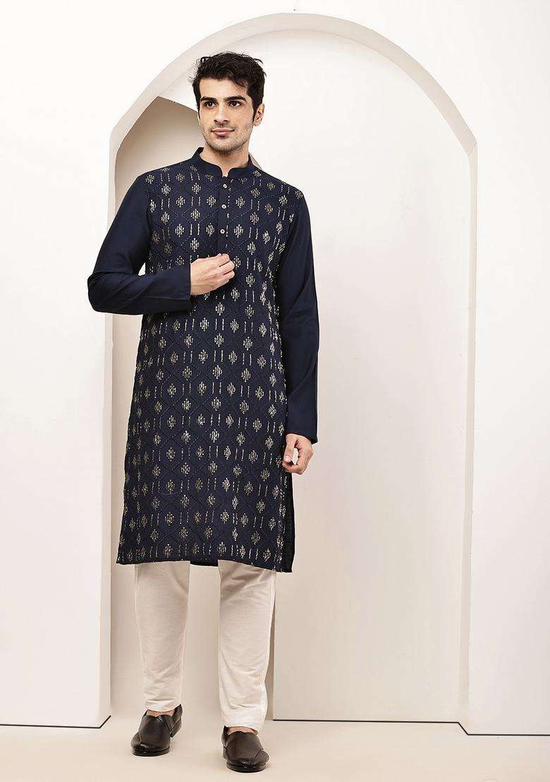 Navy Blue Printed Viscose Kurta - Indya